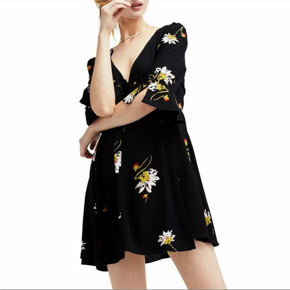 FREE PEOPLE Black Time On My Side Floral Flowy Wrap Mini Dress XS - Picture 1 of 5